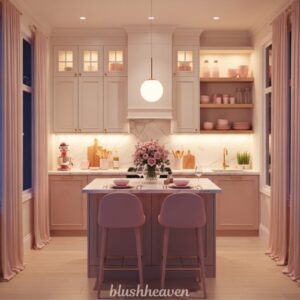 A cozy pink-themed kitchen featuring a marble island, two blush chairs, pendant light, pink flowers in a vase, and elegant cabinetry with soft lighting.
