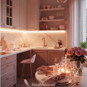 A cozy kitchen with soft pink cabinets, marble countertops, and backsplash. Warm lighting highlights elegant table settings with pink napkins and roses, creating an inviting atmosphere.