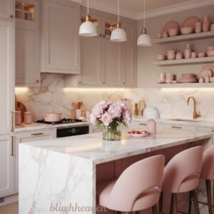 A stylish kitchen with pink and white decor. Features marble countertops, pink chairs, a vase of pink flowers, and neatly arranged pink dishes on shelves. Warm lighting adds a cozy feel.