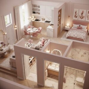 A modern open-plan apartment with a living area, dining space, kitchen, bedroom, and bathroom, decorated in blush pink and beige tones with floral accents.