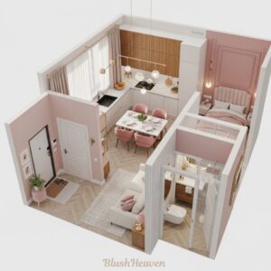 Stylish pink-themed modern apartment layout
