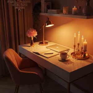 Gold desk lamp and candles on a white desk with blush velvet chair for a cozy workspace.