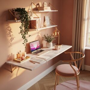 Space-saving floating marble desk with gold brackets and hanging green plants.