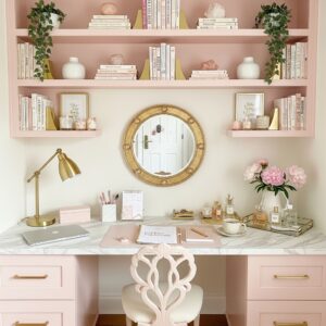 Balanced office layout with a round gold mirror and pink built-in bookshelves.