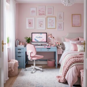 Small blue desk in a pink bedroom setup with a gallery wall and cozy textures.