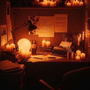 Vintage typewriter on a wooden desk surrounded by dozens of glowing candles.
