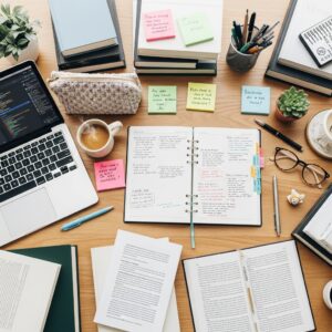 Top-down view of an open planner with sticky notes, pens, and coffee on a wooden desk.