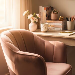 Close-up of a luxury blush velvet scalloped chair in a bright, sunlit home office.