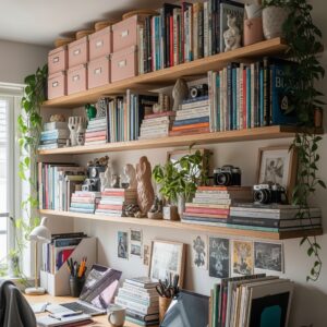 Floor-to-ceiling bookshelves filled with books, art, and vintage cameras behind a desk.
