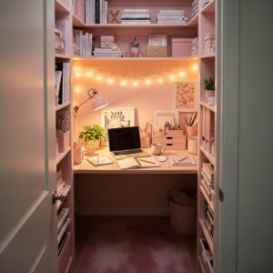 Small walk-in closet transformed into a cozy office with fairy lights and pink decor.