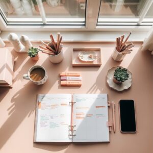 organized workspace with planner and plants