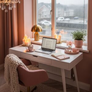 Small white desk placed under a window with a gold mushroom lamp and pink knit throw.
