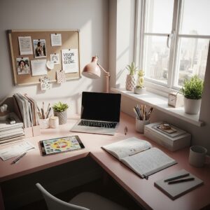 Pink L-shaped desk with a cork vision board and desktop computer by a bright window.