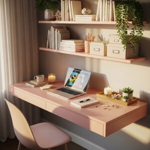 Modern pink floating desk with a hidden drawer and minimalist wall shelves.