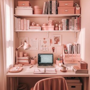 Built-in office shelving using blush pink boxes to hide clutter in a small workspace.