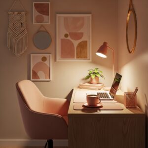 Simple wooden desk with abstract pink art and a macrame wall hanging for a cozy vibe.