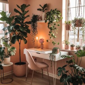 Indoor jungle workspace with large green plants and a white desk in a blush-toned room.