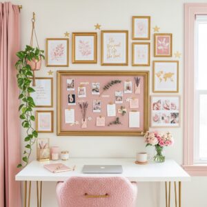 Inspirational gallery wall with gold frames and a pink pinboard above a white minimalist desk.