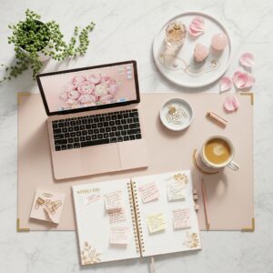 Flatlay of a blush laptop, open planner, and gold office accessories on a marble surface.