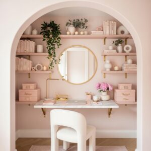Built-in office nook with arched architecture, floating shelves, and a round gold mirror.