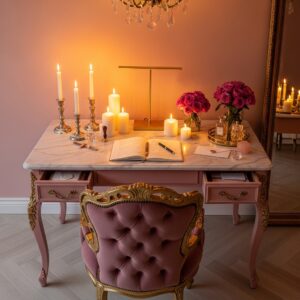 Vintage style pink tufted chair and marble desk with heavy candlelight for a moody office.