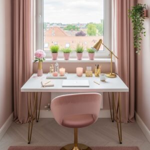 Clean white desk with gold hairpin legs and small pink potted plants on the windowsill.