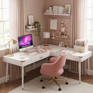 White L-shaped corner desk with a pink pegboard and organized office supplies.