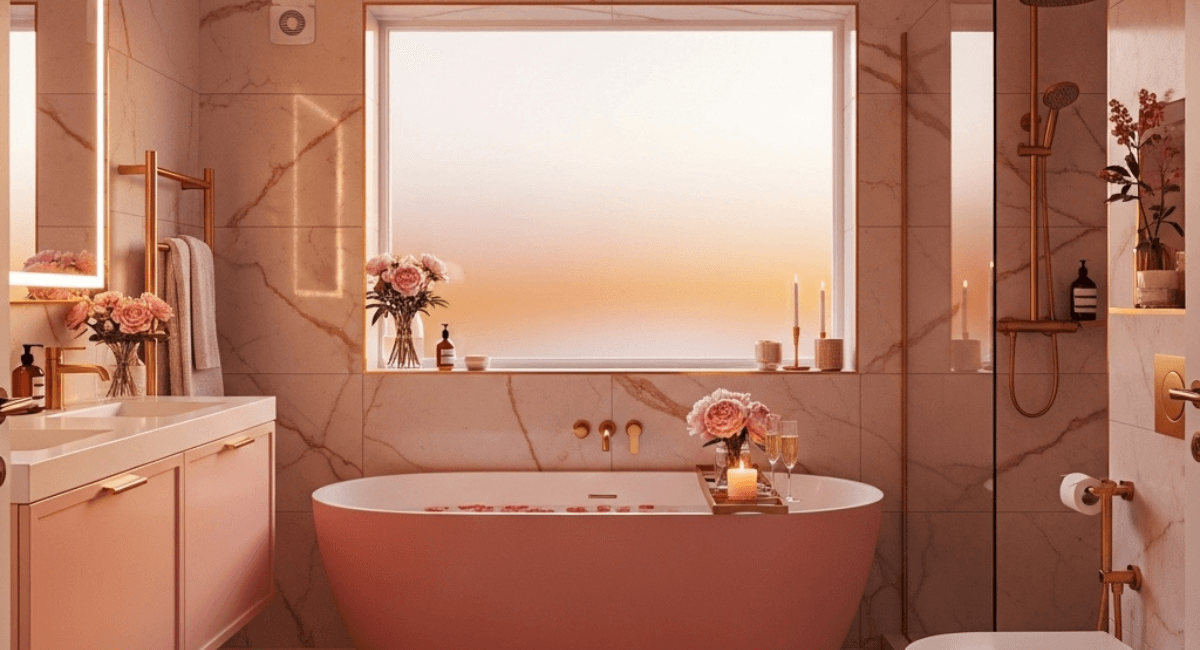 Dreamy candlelit bathroom featuring a pink tub and a sparkling crystal chandelier.
