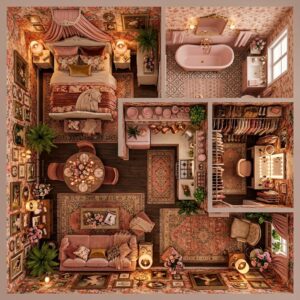 3D small apartment layout utilizing a vintage maximalist theme with floral botanical wallpaper, a round dining table, low accent chairs, and an open-concept living and sleeping space.