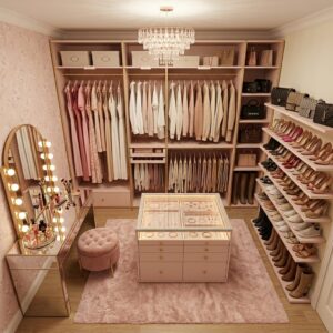 3D luxury walk-in closet and dressing room layout with built-in blush pink clothing racks, a central glass jewelry island, and a lighted Hollywood vanity makeup mirror desk.