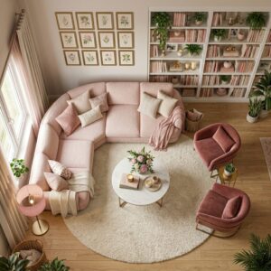3D cozy living room layout showcasing a floating curved blush sectional sofa and two velvet accent chairs arranged over a fluffy round white area rug.