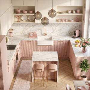 3D compact U-shaped kitchen layout featuring fluted blush pink lower cabinets, a small marble island, and smoked-glass globe pendant lights.