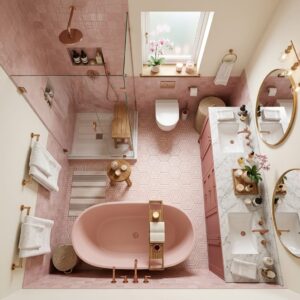 3D small bathroom floor plan with an ultra-luxury spa layout containing a freestanding pink soaking tub, a glass walk-in shower, marble vanity, and pink hexagonal floor tiles.