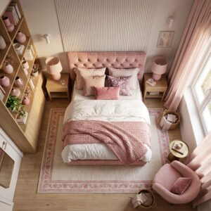 3D elegant small bedroom layout with a diamond-tufted blush velvet bed frame centered against a fluted feature accent wall, framed by symmetric wood nightstands.