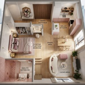 3D modern studio apartment floor plan with labels showcasing a raised bedroom zone on an elevated wooden floating platform to separate it from the kitchen and living area.