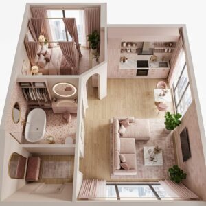 3D tricky apartment layout idea utilizing an angled diagonal feature wall with an open archway to partition the bedroom from the living room and compact dining set.