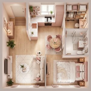3D narrow urban apartment layout displaying a parallel galley kitchen corridor leading to an open living room and bedroom with light wood floors and pink cabinets.