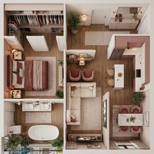 3D narrow studio apartment floor plan with a linear parallel layout showing an L-shaped sectional sofa opposite a kitchen counter, with a hidden walk-in closet behind the bedroom wall.