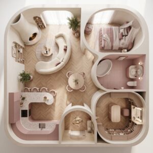 3D luxury small apartment layout masterclass displaying custom curved partition walls, a circular cream boucle sofa, and an integrated walk-in wardrobe zone.