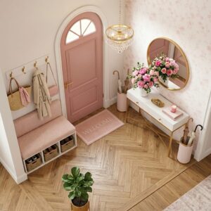 3D luxury apartment entryway layout featuring a gold-legged console table styled with pink peonies, a large round mirror, and a tufted blush pink storage bench.
