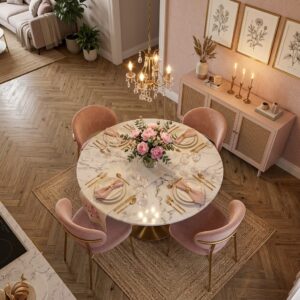 3D open plan small kitchen and dining room layout showing a round white marble pedestal dining table over a soft woven rug with a luxury crystal chandelier.