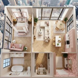 3D spacious studio apartment layout with floor-to-ceiling windows, low-profile dusty rose L-shaped sectional sofa, a white marble breakfast bar, and an open bedroom zone.