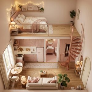 3D small duplex loft apartment layout showing a compact kitchen and living room setup on the lower level, a spiral staircase, and an elevated mezzanine loft bedroom under string lights.