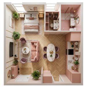 3D square studio apartment floor plan utilizing a symmetric grid layout with chevron wood flooring, a galley kitchen, a compact living zone, and a bedroom by the windows.