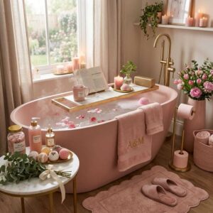 Luxury pink bathtub with a gold and white marble bath caddy holding an open book, a pink coffee mug, fresh pink tulips, and lit pillar candles for a spa day.