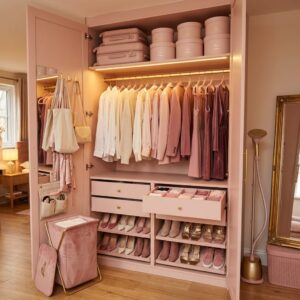 Perfectly organized luxury wardrobe showing monochromatic blush pink dresses and blazers hanging neatly on matching velvet clothes hangers next to systematic fabric storage boxes.