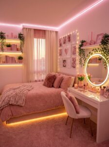 Glamorous feminine bedroom vanity station showing a white writing desk styled with perfume organizer trays, a large round lighted LED vanity mirror, and a pink velvet desk chair.