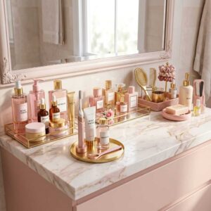 Organized white marble bathroom vanity countertop featuring pink skincare perfume bottles arranged on a gold cosmetic tray next to a round glowing mirror.