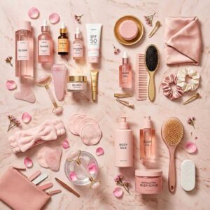 Flat lay overhead view of aesthetic pink skincare bottles, jade face rollers, rose quartz gua sha tool, exfoliating body scrub, and pink satin hair scrunchies on marble.