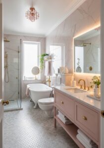 Luxury marble bathroom vanity with gold faucet, skincare tray, and a morning cup of tea.